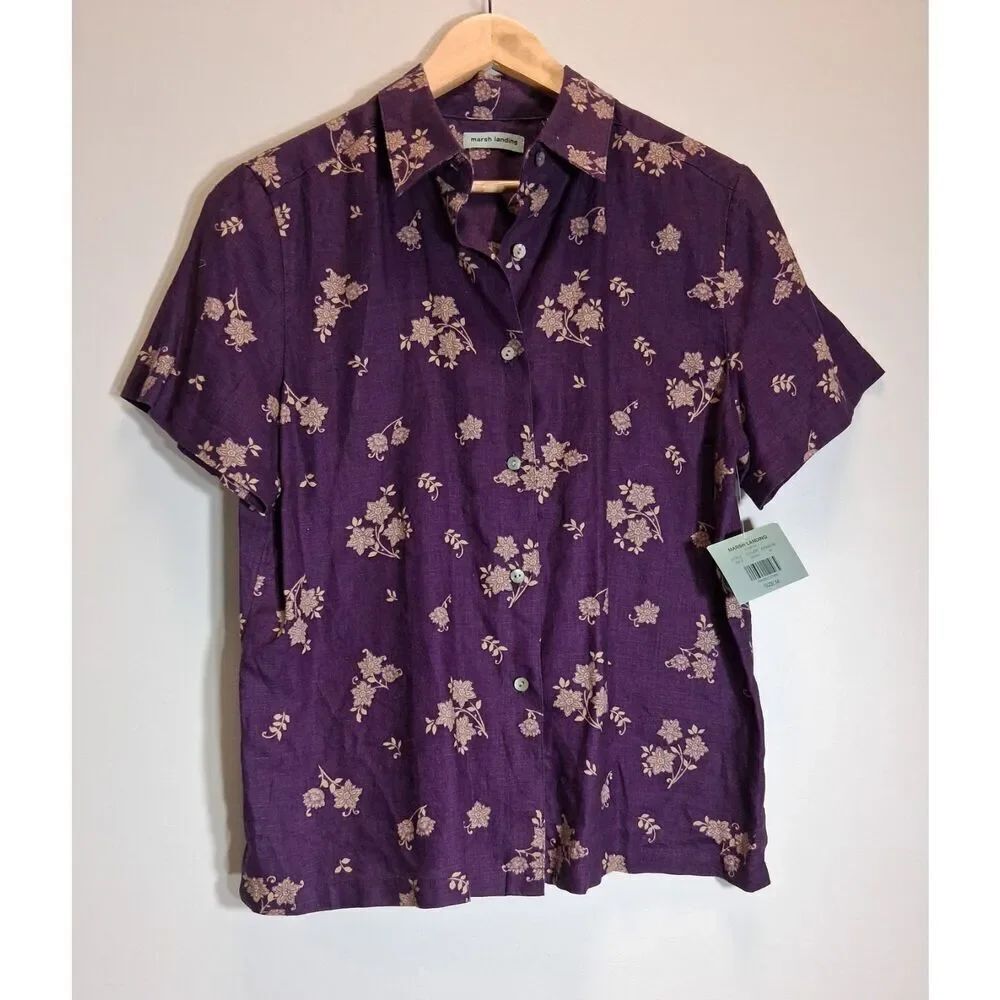 womens medium 100% linen shirt purple minimalist teacher Marsh Landing floral